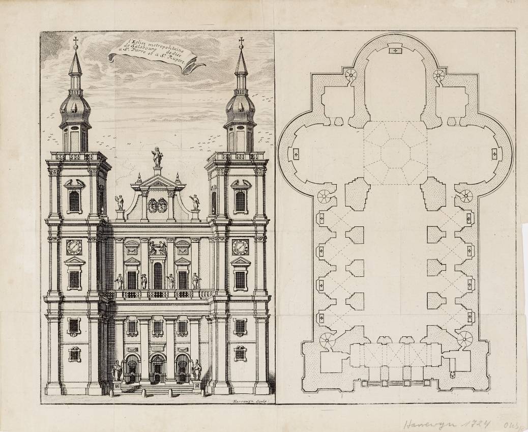 Jacobus Harrewijn, Salzburger Dom, Fassade und Grundriss, 1724, Inv.-Nr. 11229-2014