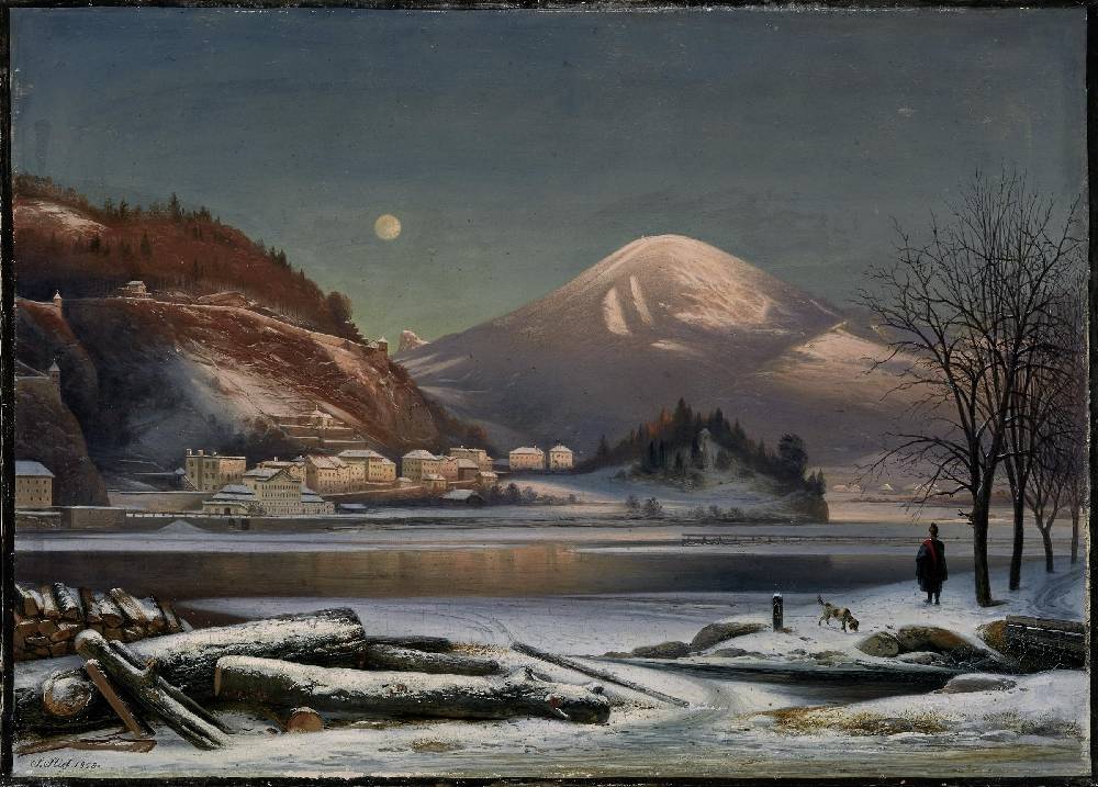 Sebastian Stief, Blick über Salzach auf Bürglstein, Öl auf Leinwand, 1858, Inv.-Nr. 1289-2016