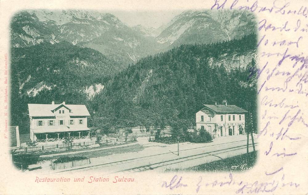 Franz Grainer, Bahnhof und Restaurant an der Pinzgaubahn in Sulzau im Oberpinzgau, 1898 - 1901,  Inv.-Nr. Foto 42460