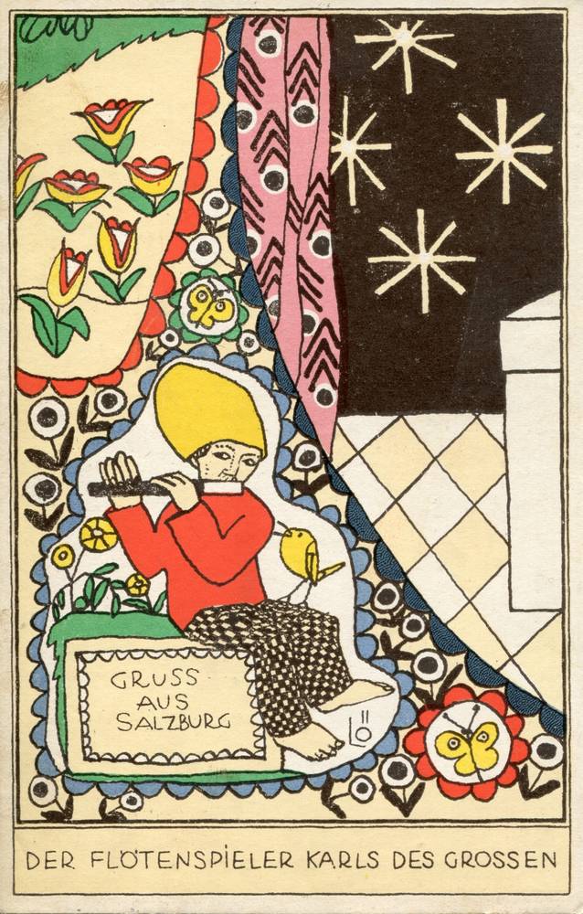Bertold (Berthold) Löffler (1874 - 1960), Der Flöte spielende Zwerg zu Füßen von Kaiser Karl dem Großen im Untersberg - Selbstporträt von Löffler, 1913 - 1914, Papier, lithographischer Druck, Inv.-Nr. Foto 43620
