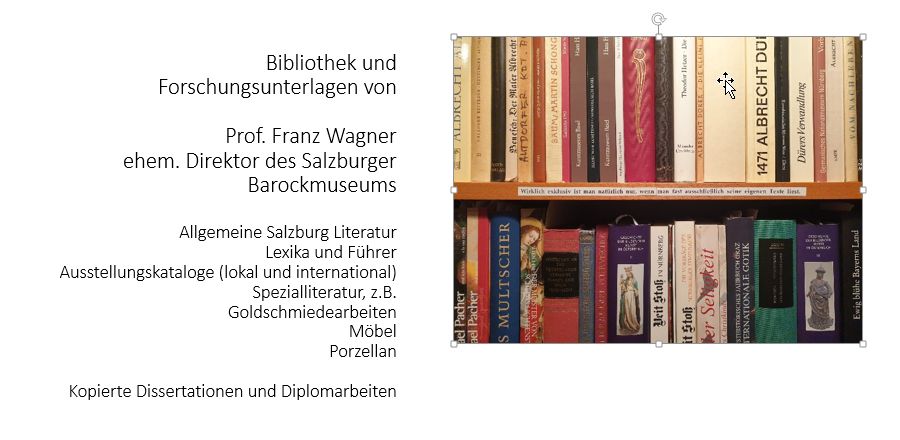 Franz Wagner (1931 – 2019), Bibliothek und Forschungsunterlagen von Prof. Franz Wagner, ehem. Dir. des Salzburger Barockmuseum, Druck auf Papier, Pappe, Inv.-Nr. MÜ 42558, Inv.-Nr. BIB PERS 01000