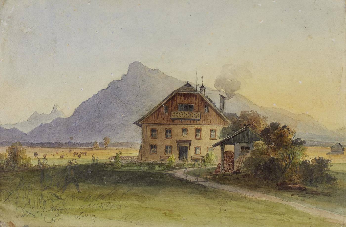 Friedrich (Fritz) Zeller (1817 - 1896), Bauernhaus vor der Kulisse des Untersberg, Bleistift, Aquarell auf Papier, 1885, Inv.-Nr. 1018-2021